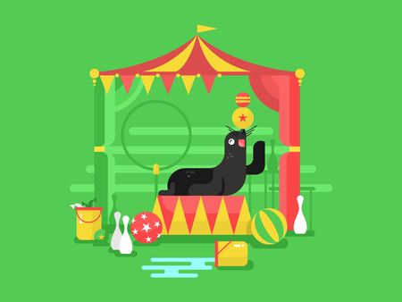 Fur seal in a circus. Animal mammal, marine character trained with flipper, vector illustrationのイラスト素材