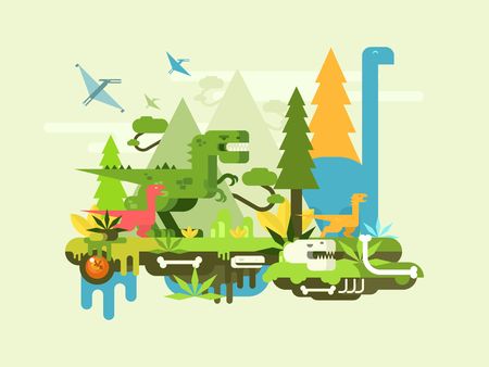 Dawn of the dinosaurs. Prehistoric jurassic animal, reptile monster, landscape and creature, vector illustrationのイラスト素材