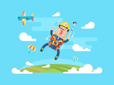 Skydiving sport flat. Jump with parachute design, parachuting extreme, skydiver man parachutist, vector illustrationのイラスト素材