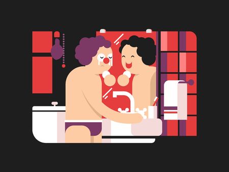 Reflection in mirror morning. Person face looking in bathroom reflect, vector illustrationのイラスト素材