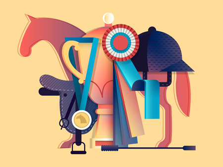 Win in equestrian sport. Horse race animal, horseback and prize, vector illustrationのイラスト素材