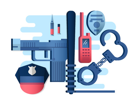 Police things gun and handcuffs. Badge officer, law protection, sheriff legal, illustrationのイラスト素材