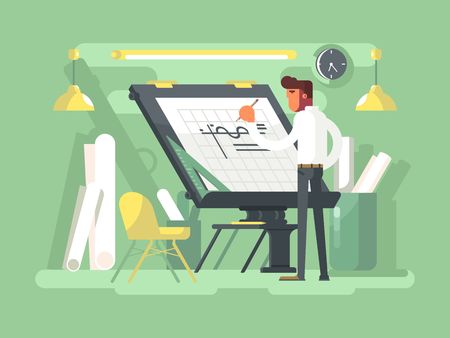 Engineer project draws. Plan drawing architect, sketch architecture design. Vector illustration