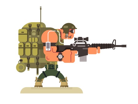 Character military peacekeeper. Army soldier and war, weapon and uniform, flat illustration