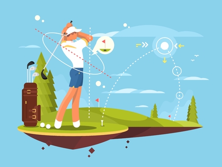 Male golfer playing golf, calculates the impact and trajectory for exact hit. flat vector illustration.のイラスト素材