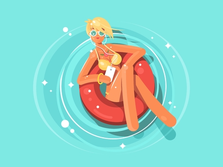 Pretty woman swims on an inflatable circle. Vocation relax, sexy bikini and hot sunny day. Flat vector illustration.のイラスト素材