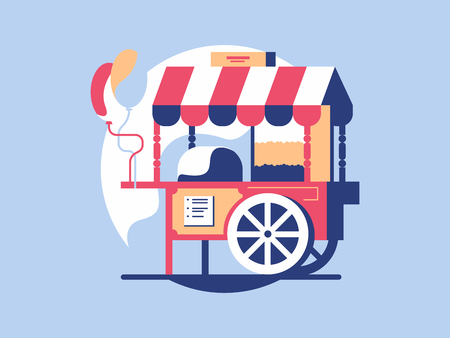 Trolley with popcorn. Market cart and kiosk store with snack, vector illustrationのイラスト素材