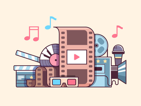 Cinema cocncept flat. Video production and cinematography media industry, vector illustrationのイラスト素材