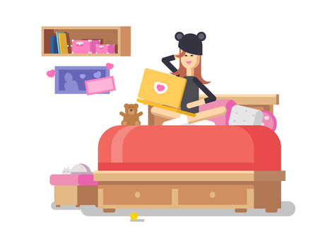 Girl with laptop in bedroom. Internet communication, love social technology, chat people, profile flat vector illustrationのイラスト素材