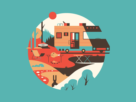 Trailer machine house. Transport travel for vacation, home on wheel, vector illustrationのイラスト素材