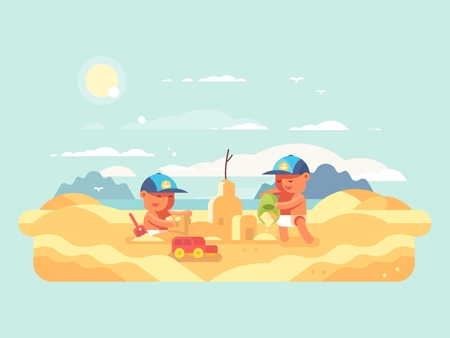 Sand castle on beach. Child building house. Vector flat illustrationのイラスト素材