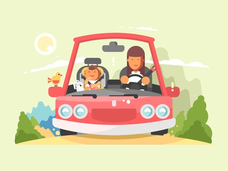 Safe driving in car. Transportation in automobile with buckled belt on child. Vector illustrationのイラスト素材