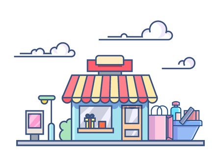 Shop building with filled cart. Retail commerce. Line vector illustration.のイラスト素材