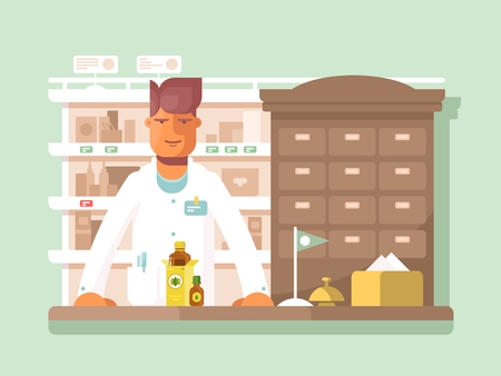 Pharmacist at the pharmacy. Drugstore shop, medication and assistance. Vector illustrationのイラスト素材