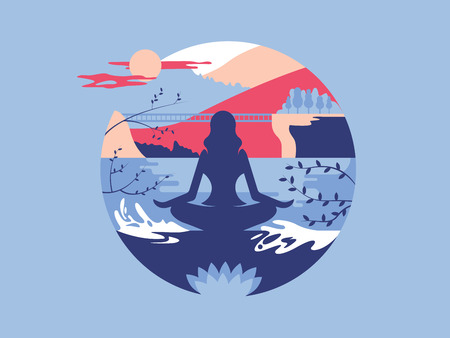 Meditation in lotus position. Yoga exercise for relaxation, vector illustrationのイラスト素材