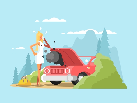 Blonde and broken car. Young woman driver on road, vector illustrationのイラスト素材