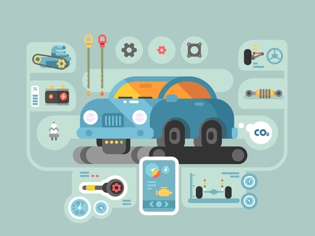 Diagnostics of machines in service station. Repair automobile in garage. Vector illustrationのイラスト素材