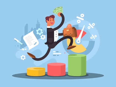 Business growth concept. Successful businessman climbing the corporate ladder. Vector illustrationのイラスト素材