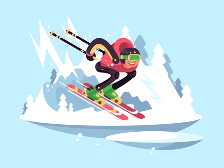 Man skiing in winter. Skier quickly down from mountain. Vector illustrationのイラスト素材