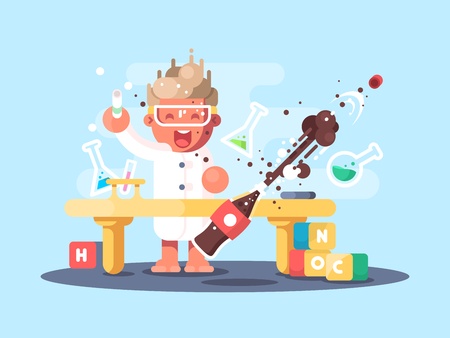 Young chemist characters makes experience and test in lab. Vector illustrationのイラスト素材