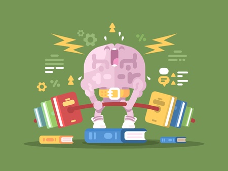 Loading for brain. Brains of character lifting weight with books. Vector illustrationのイラスト素材