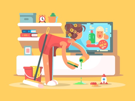 Housewife cleans house and watching TV advertisements. Vector illustration flatのイラスト素材