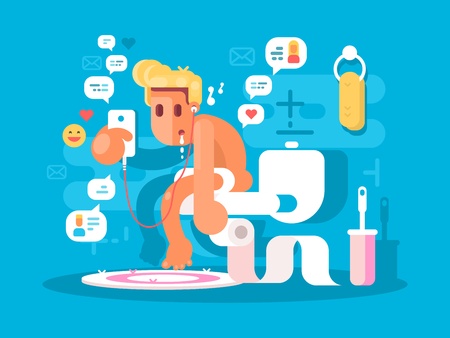 Dependence on gadgets. Guy sitting on toilet with phone. Vector illustrationのイラスト素材