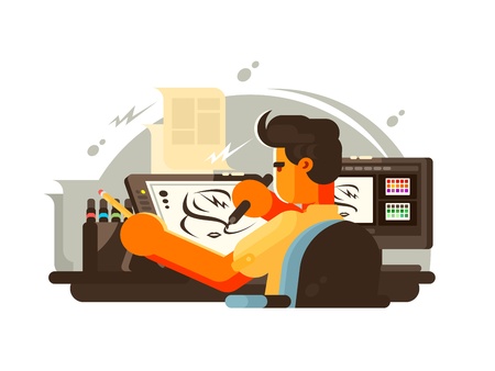 Designer illustrator draws on work place with tablet. Vector illustrationのイラスト素材