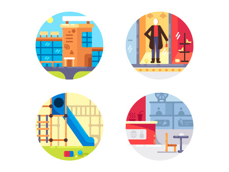 Shopping center set icons. Clothing store and cafe catering. Vector illustrationのイラスト素材