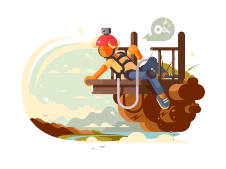 Young man with camera on helmet prepares to jump bungee. Vector illustrationのイラスト素材