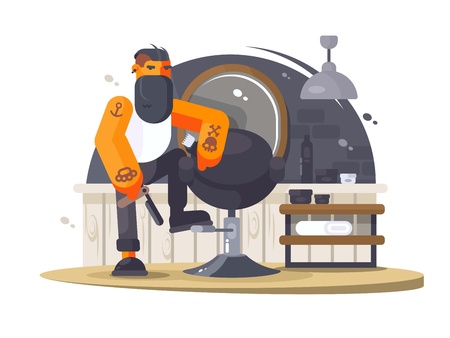 Stylish man bearded barber hipster in beauty salon. Vector illustrationのイラスト素材