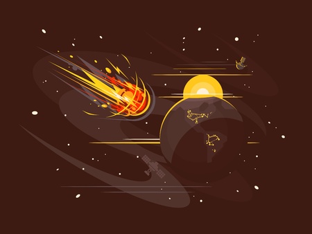 Burning comet in space flies at high speed. Vector illustration