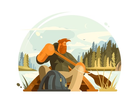 Bearded man in canoeのイラスト素材