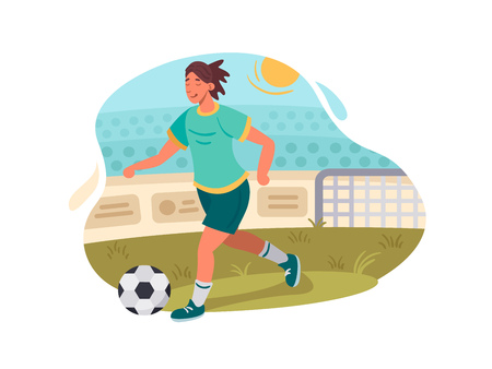 Footballer plays football. Player with ball on green field. Vector illustrationのイラスト素材