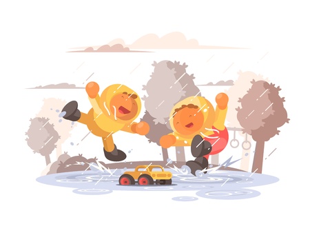 Happy children jumping in puddleのイラスト素材