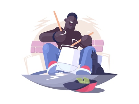 Street musician african american plays drum for money. Vector illustrationのイラスト素材