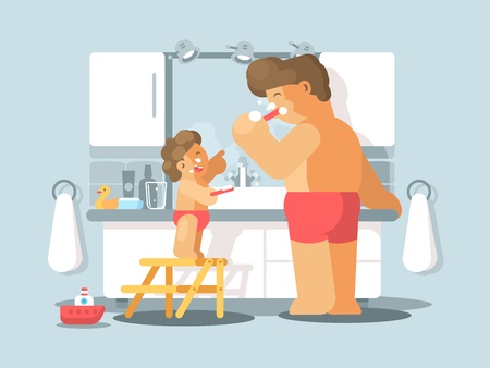 Father and son brush teeth in bathroom at morning. Vector illustrationのイラスト素材