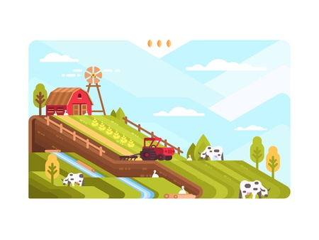 Agricultural farm with fields and livestockのイラスト素材