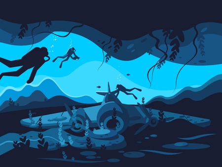 Sunken plane on ocean bottomのイラスト素材