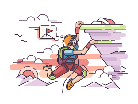 Rock climber hanging on cliffの写真素材