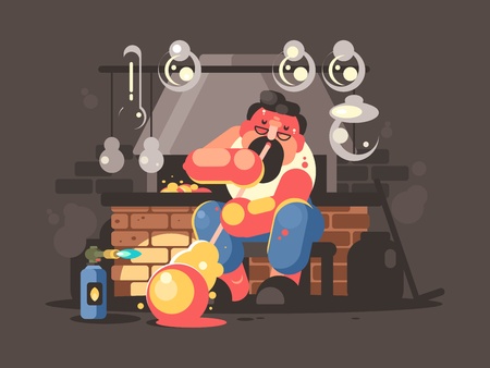 Man blowing hot glass flasks and containers. Vector flat illustrationのイラスト素材