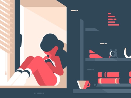 Girl reads book in roomのイラスト素材