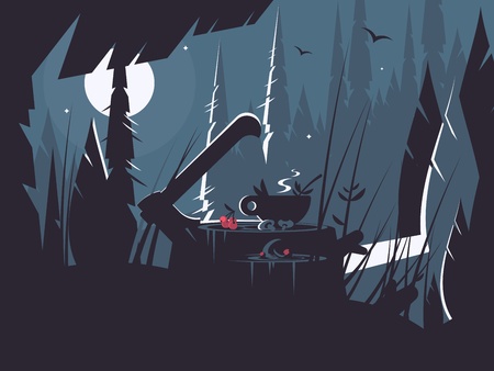 Brewed herbal tea on wooden stump in night forest. Traveling tea vector illustrationのイラスト素材