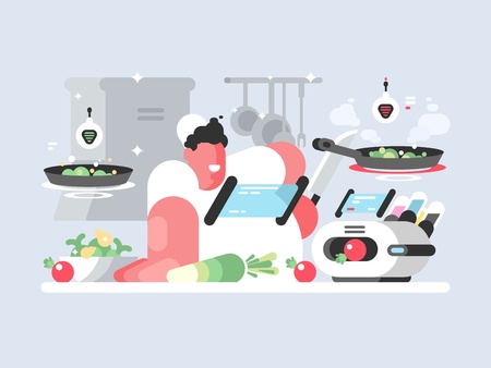 Cook prepares delicious dish vector illustration.のイラスト素材
