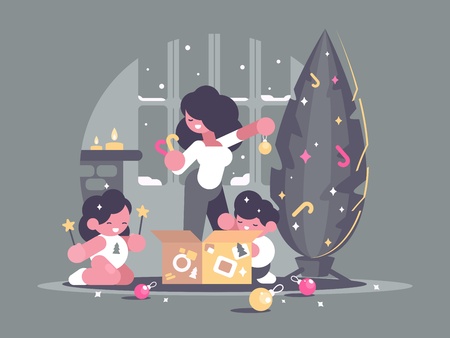 Mother with children daughter and son decorate Christmas tree. Vector illustrationのイラスト素材