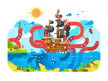 Kraken sea monster and sinks ship design flat. Ocean character squid and monster octopus, vector illustrationのイラスト素材