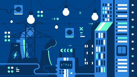 City electricity supply. Power plant produces energy for lighting. Vector illustrationのイラスト素材