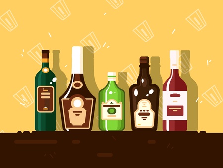 Alcohol bottle set. Brandy and wine, alcoholic beverages vector illustrationのイラスト素材
