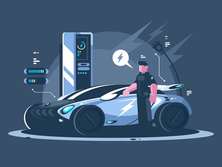 Electric car and driver near auto. New transport eco technologies. Vector illustrationのイラスト素材