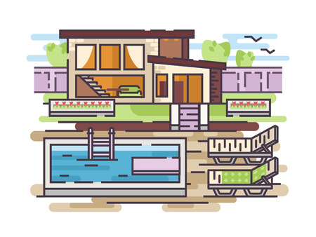 Large country house with swimming pool and relaxation area. Vector illustrationのイラスト素材
